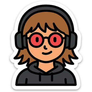 tan brunette girl with a short wolf haircut, round ruby glasses, black headphones, and a black hoodie sticker