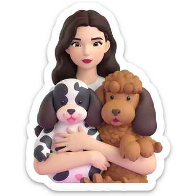 Kendall Jenner with long dark hair holding a brown poodle and a cow cat in her arms sticker