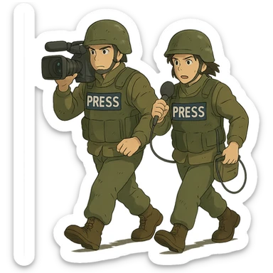  walking from left to right across frame: a cameraman, and a microphone operator, ONLY two people, war correspondents, tense moment sticker