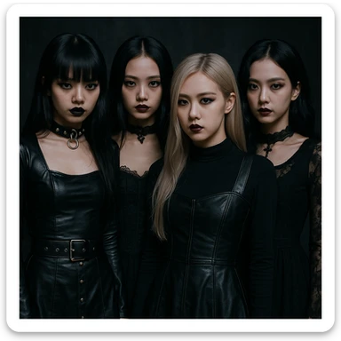 Blackpink members in goth style, dark fashion, dramatic makeup, moody atmosphere, detailed, stylish, dark aesthetic sticker