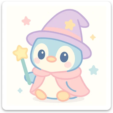 {
  "style_description": {
    "overall_look": "Cute, minimal, and soft with a friendly and playful tone",
    "material_simulation": {
      "primary_material": "flat digital color",
      "texture_detail": "smooth surfaces with no texture or shading",
      "pattern": "none or very simple decorative accents (e.g., hearts, stars)"
    },
    "geometry": {
      "edge_style": "rounded, soft curves with no sharp angles",
      "dimensionality": "flat two-dimensional appearance with simple shapes"
    },
    "color_palette": {
      "scheme": "pastel and light tones",
      "preferred_colors": ["pink", "mint", "lavender", "baby blue", "peach"],
      "contrast": "low contrast with bright accents"
    },
    "facial_features": {
      "eyes": "large, sparkly, often oval or circular",
      "mouth": "small, often a simple curve or dot",
      "expression": "joyful, innocent, or calm"
    },
    "lighting": {
      "type": "none or implied with soft highlights",
      "purpose": "maintain a clean and cheerful look"
    },
    "render_constraints": {
      "avoid": ["realistic shading", "high detail", "dark themes", "texture noise"],
      "focus_on": ["cute expression", "iconic simplicity", "emotional warmth"]
    },
    "background": {
      "color": "white or soft pastel",
      "style": "plain or patterned with simple icons (e.g., polka dots, stars)",
      "lighting_consistency": "no shadows, evenly lit feel"
    }
  }
}

{subject} = penguin wizard sticker