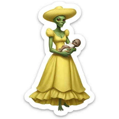  Reptilian alien woman, full body, in victorian jellow elegant dress, holds a newborn humman baby sticker