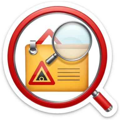 Create a clean emoji-style icon representing “Challenge Review”.
Include a document with a red warning symbol, a magnifying glass overlay, and a small refresh arrow. sticker