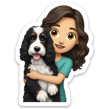 white girl with long dark hair holding bernedoodle sticker