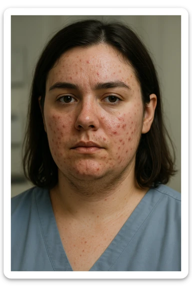 very realistic 3D medical portrait of a woman with PCOS, with acne and hair under chin, clinical details, professional atmosphere, 2:3 aspect ratio sticker