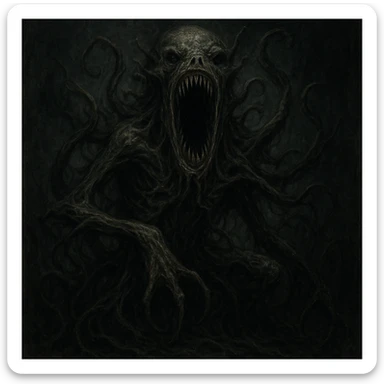 eldritch horror, gaping maw, writhing limbs, ancient evil, otherworldly, horror style sticker