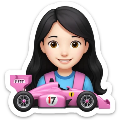 long black haired girl kid playing pink colored formula 1 car toy sticker