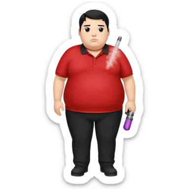 Morbidly obese white man with black hair in red polo with black pants vaping sticker