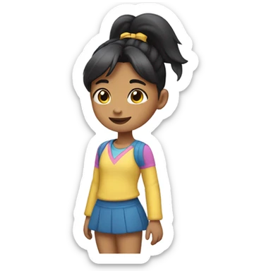 A 7-year-old girl with black hair in a ponytail, wearing yellow, pink, and blue clothes sticker