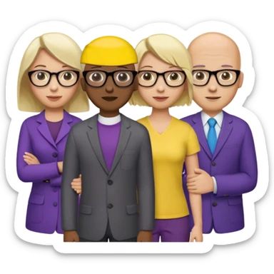 5 person team; 2 men and 3 women.  All dressed in yellow or purple.  Women have blonde and ash blonde hair.  1 man is black and bald, 1 man is caucasian and very little hair left.  All have glasses sticker