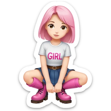  top and skirt with pink inscription “girl”  squatting in boots sticker