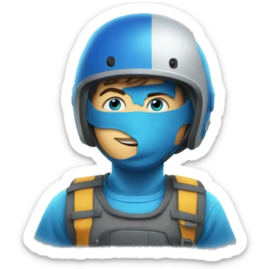 kid with buck teeth, a pencil up his nose, a blue helmet, blue eyes sticker