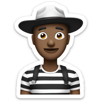 a man with an eye mask and an black and white stripes  t shirt and a hat sticker