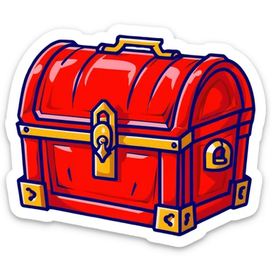 A bright red RPG treasure chest with a golden lock sticker