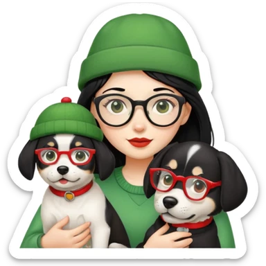 A girl with a dog in a green hat with red glasses and black hair sticker