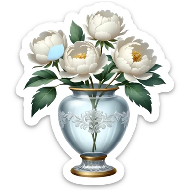 White peonies in crystal vintage  vase  sticker