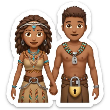 A happy tribal man holding hands with a happy tribal woman wearing a belt with a padlock sticker