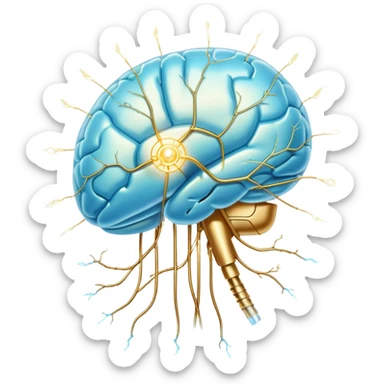 Ethereal pearlescent and light blue capsule in the foreground with a translucent brain positioned behind it, illuminated by golden electrical pulses forming a neural network. A small glowing liver symbol to the side, all surrounded by a mystical aura of mental focus and clarity sticker