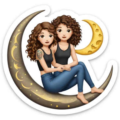 moon bench — long wavy brown hair tattooed woman and short tight curly brown hair woman — sitting on crescent moon sticker