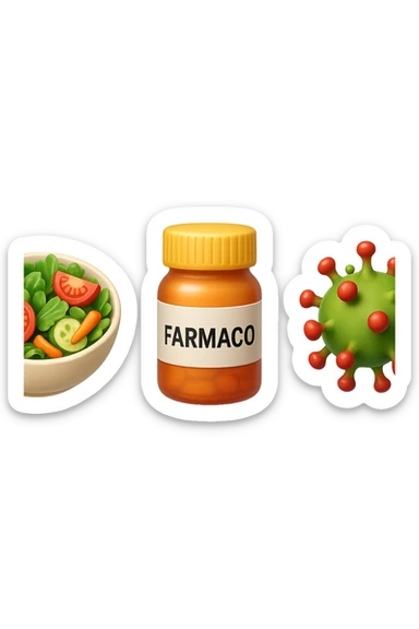 EMOJI STILE IPHONE DI una bowl di insalata, una boccetta di farmaco con la scritta "FARMACO" SULLA BOCCETTA E UN VIRUS, FLUTTUANO IN ARIA, IPERREALISTICO 4K sticker
