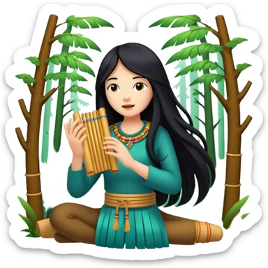 mystical forest woman with long black hair playing glowing pan flute sticker