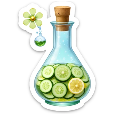 potion bottle with a perfectly round floating bottom, very small cork, very short neck, filled with #00d9ff liquid, inside cucumber slices, lemon slices, ice cubes, edible flower petals, and magical sparkles, soft lighting, transparent glass, clean background, fantasy style sticker