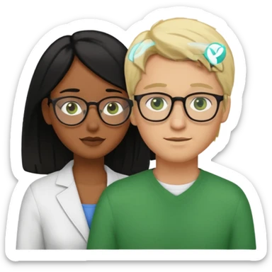 haz una pareja abrazandose, donde la mujer es de piel morena peli negra ojos cafes sin accesorios, y donde el hombre es piel blanca, pelo rubio, ojos verdes con lentes sticker