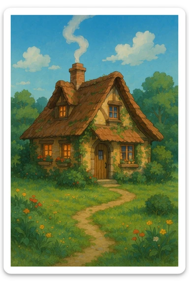 a cozy cottage with smoke curling from the chimney, ghibli style sticker
