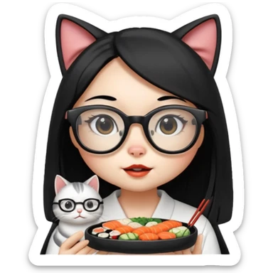cute girl cat with long straight hair and really big square glasses with super thin frames eating sushi sticker