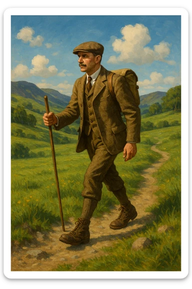 a gentleman hiking, wearing classic outdoor attire, in a scenic landscape sticker