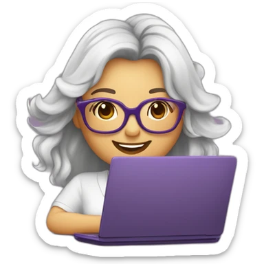 mujer-piel muy blanca-con gafas-sonriendo-camisa morada-pelo corto hasta el hombro-cabello cafe,con un computador,muy detallada sticker