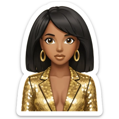 Kelly Rowland with black hair, gold sequin outfit sticker