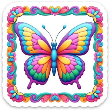 3D, psychedelic colored hippie style border with a butterfly sticker