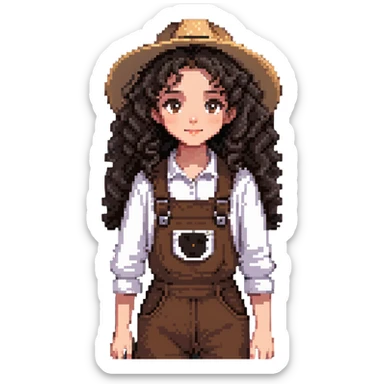 white girl with very curly dark brown hair, brown eyes, wearing farm clothes sticker