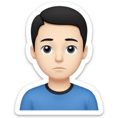 Cute cartoon-style boy portrait, black hair, blue t-shirt, big black eyes, closed mouth,clean bold lines, flat colors, minimal shading sticker