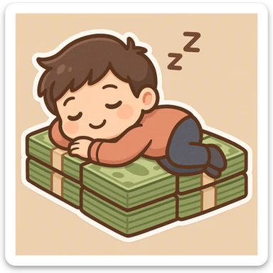 happy person napping on mattress of money sticker