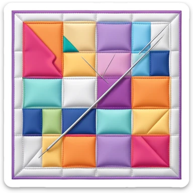 Patchwork and quilting icon, colorful fabric patches sewn together in a quilt pattern, sewing needle and thread, quilting tools like rotary cutter or quilting hoop, minimalistic style, clean lines, transparent background. sticker