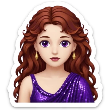 Persephone from Greek Gods with long dark auburn wavy hair, dark purple sequin toga sticker