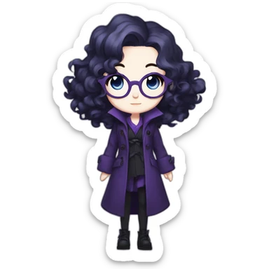 full length anime goth girl in a purple coat, glasses with big blue eyes and white skin and curly black long hair and aristocratic high cheekbones sticker