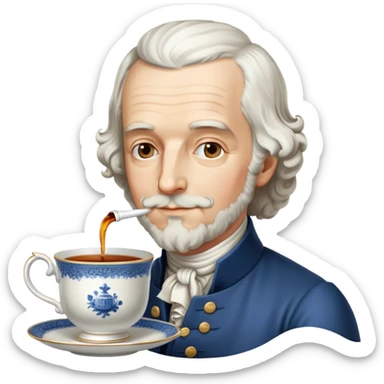 Adam Smith, 18th century economist with beard and wavy hair, drinking tea from a teacup sticker