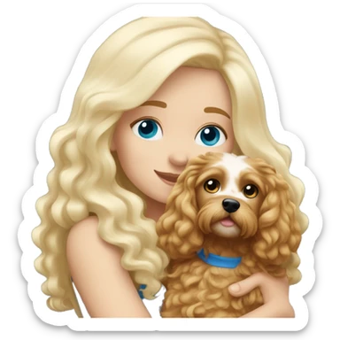 White blond girl with long hair and blue eyes hugging a cavapoo dog sticker