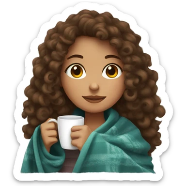 Brown hair Girl with curly hair drinking coffee, with a cozy blanket sticker