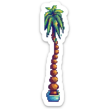 pixel art emoji of a single palm tree on a quiet beach, gentle waves, soft sand, clear blue sky, 16-bit style sticker