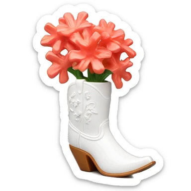 White cowgirl boot vase with coral sticking out of it sticker