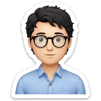 Young caucasian man with black wavy hair, round glasses, torso only, wearing relaxed buttoned-up shirt without a tie sticker