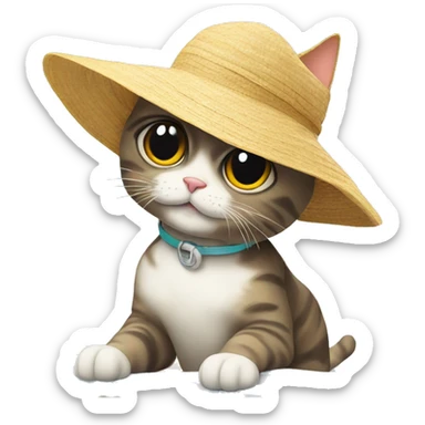 A cat on the beach, wearing a sun hat sticker