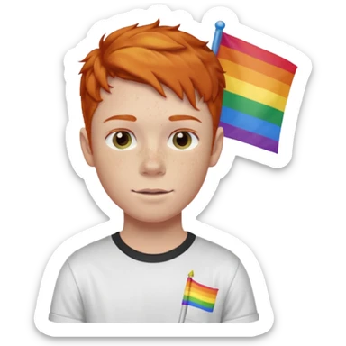 A gay, ginger, young, freckled, boy with a shirt with JUDE on it holding a pride flag sticker