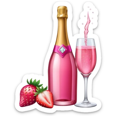 Realistic sparkling diamond glam hot pink champagne bottle with hot pink champagne in glass with strawberry ì> sticker