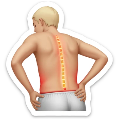 A realistic medical illustration of a person standing and holding their lower back in pain. A soft red glow highlights the lower back area to indicate soreness. The person has a natural expression of discomfort. Clean white background, even lighting, clinical style, full body view. sticker