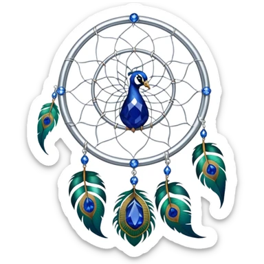 a Silver Dreamcatcher with sapphire-stones and emerald-stones, and with peacock-feathers. Big sapphire gem in the middle. Many tiny emeral gems around it.   sticker